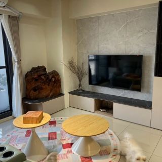 皇家豪門客廳設計：大理石紋電視牆板搭配懸空系統矮櫃，打造現代質感居家公領域。