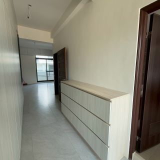 嘉義室內設計實績：現代簡約風長型矮櫃，採用淺木色調優化過道視覺與收納坪效。