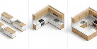 廚具系統櫃常見五種類型，分別是一字型、平行、L型、ㄇ字型、中島型